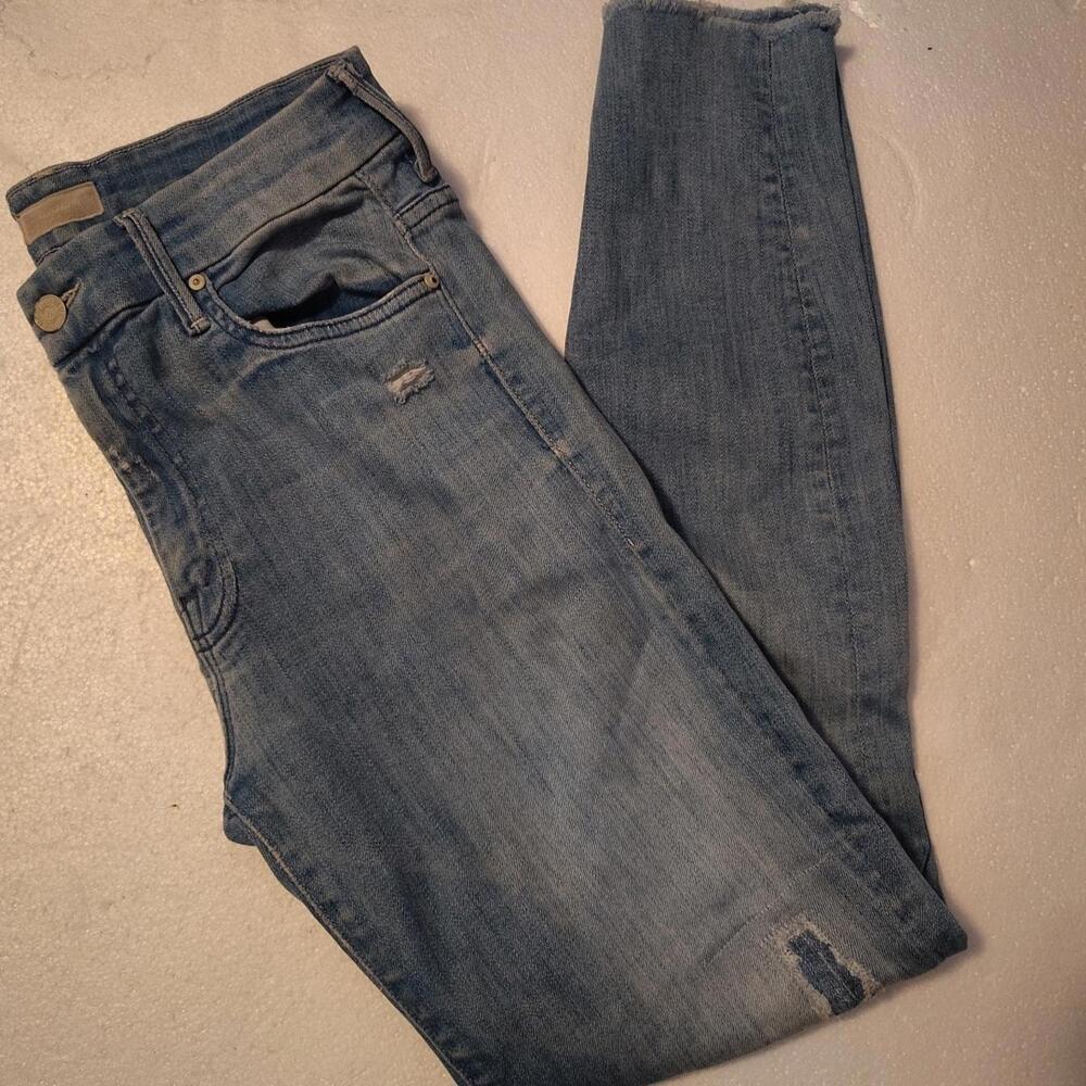 mother looker ankle fray jeans Women’s 28 Blue Distressed Raw Heam Stretch USA